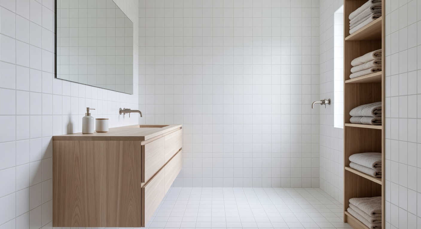 Baño escandinavo con detalles en madera natural — colección NordicViva