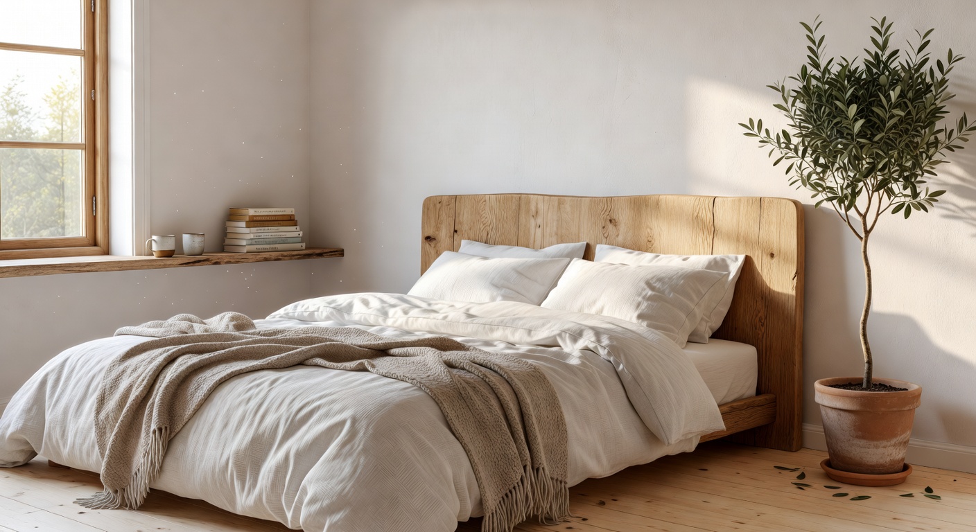 Dormitorio nórdico con ropa de cama de lino natural