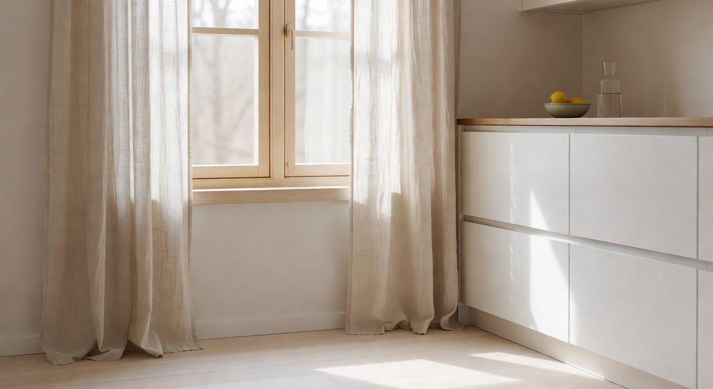 Cortinas de lino natural en dormitorio escandinavo, luz suave filtrándose