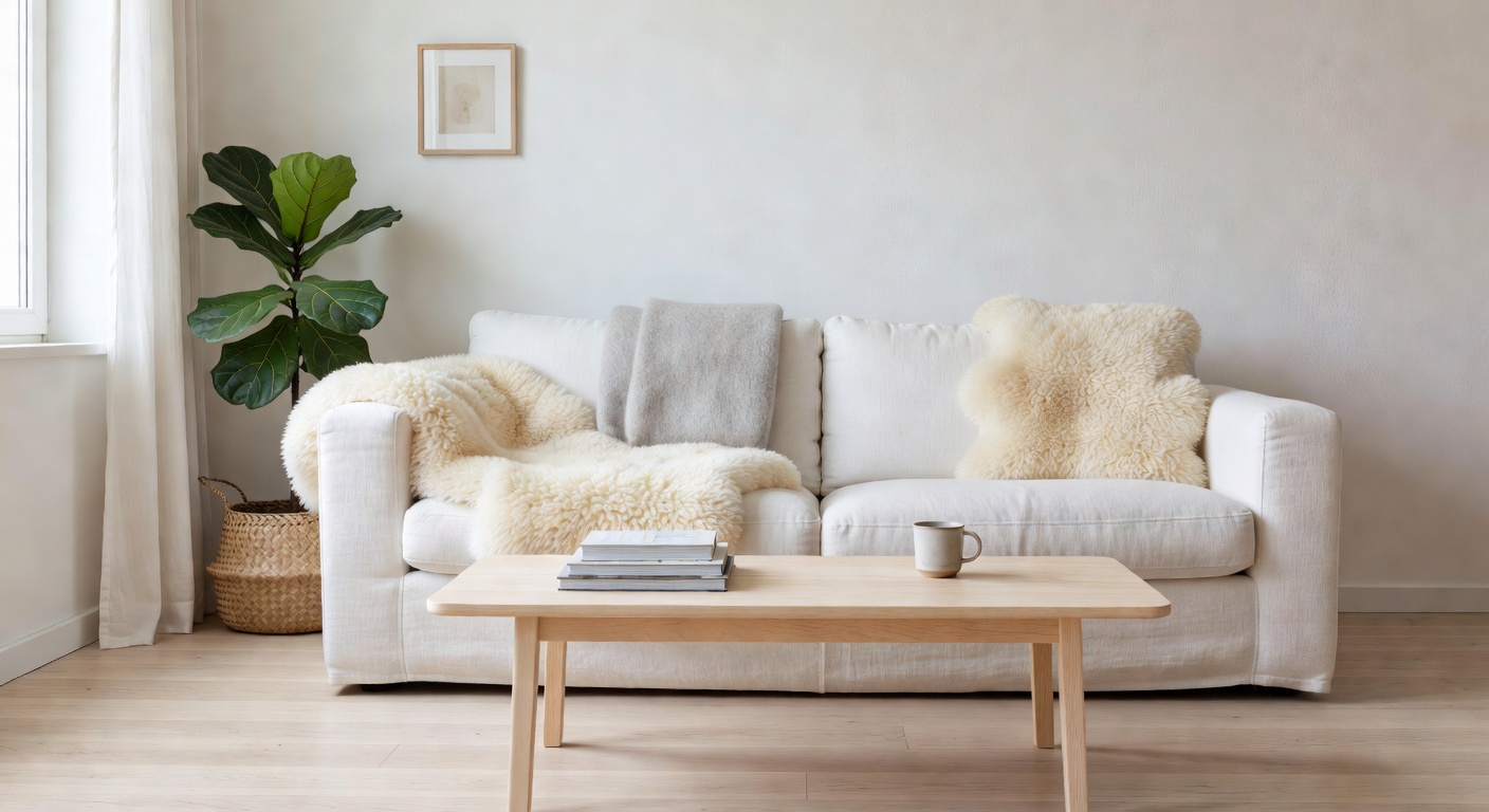 Salón escandinavo con sofá de lino natural